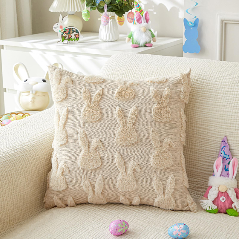 Beige Rabbit Plush Faux Fur Pillow for Sofa Bed Decor