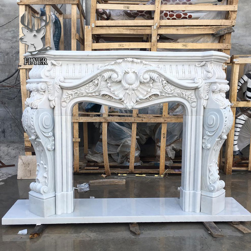 Home Decorative Open Stone Carving Fireplace Surround Freestanding White Marble Fireplace Mantel