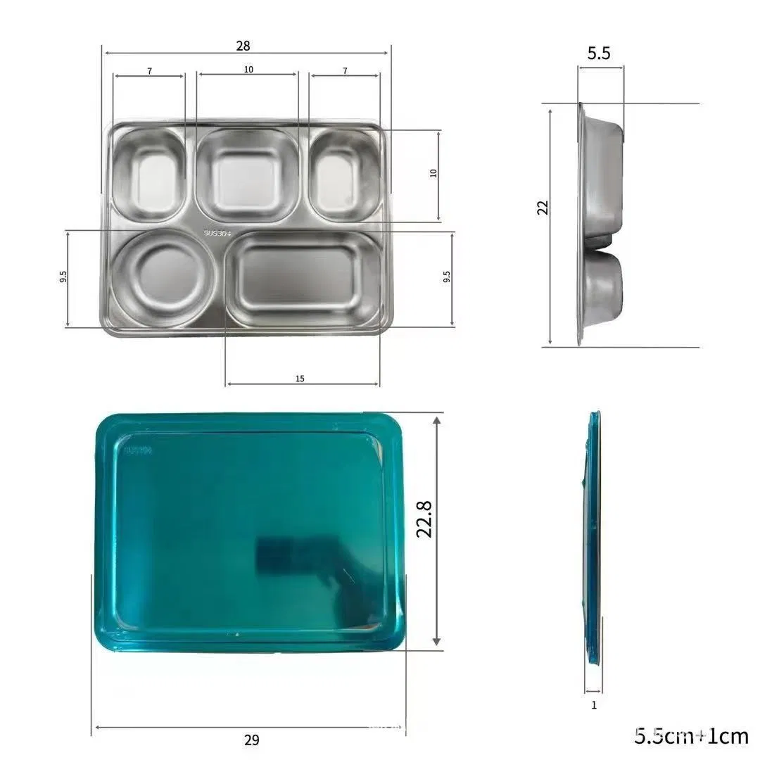 304 Stainless Steel Plate - Indonesian Food Containers, School Canteen Trays, Deep Five-Compartment Food Boxes with Lids