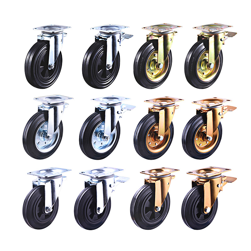 China 6/8/Inch Black Rubber Swivel Steel Core Industrial Caster Wheel with Brake for Waste Bin Trash Can