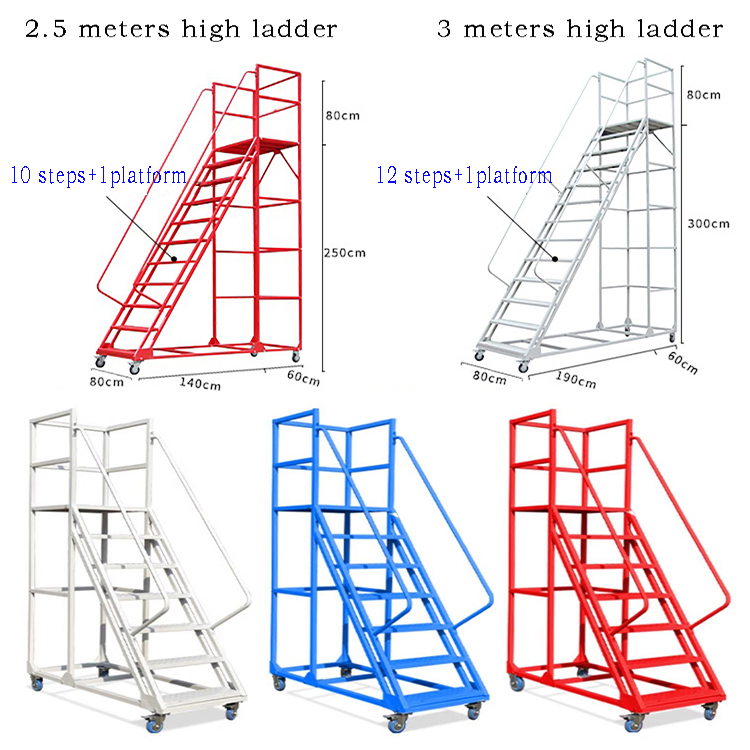 Supermarket Tally and Access Ladder Warehouse Industrial Mobile Platform Ladder with Wheels