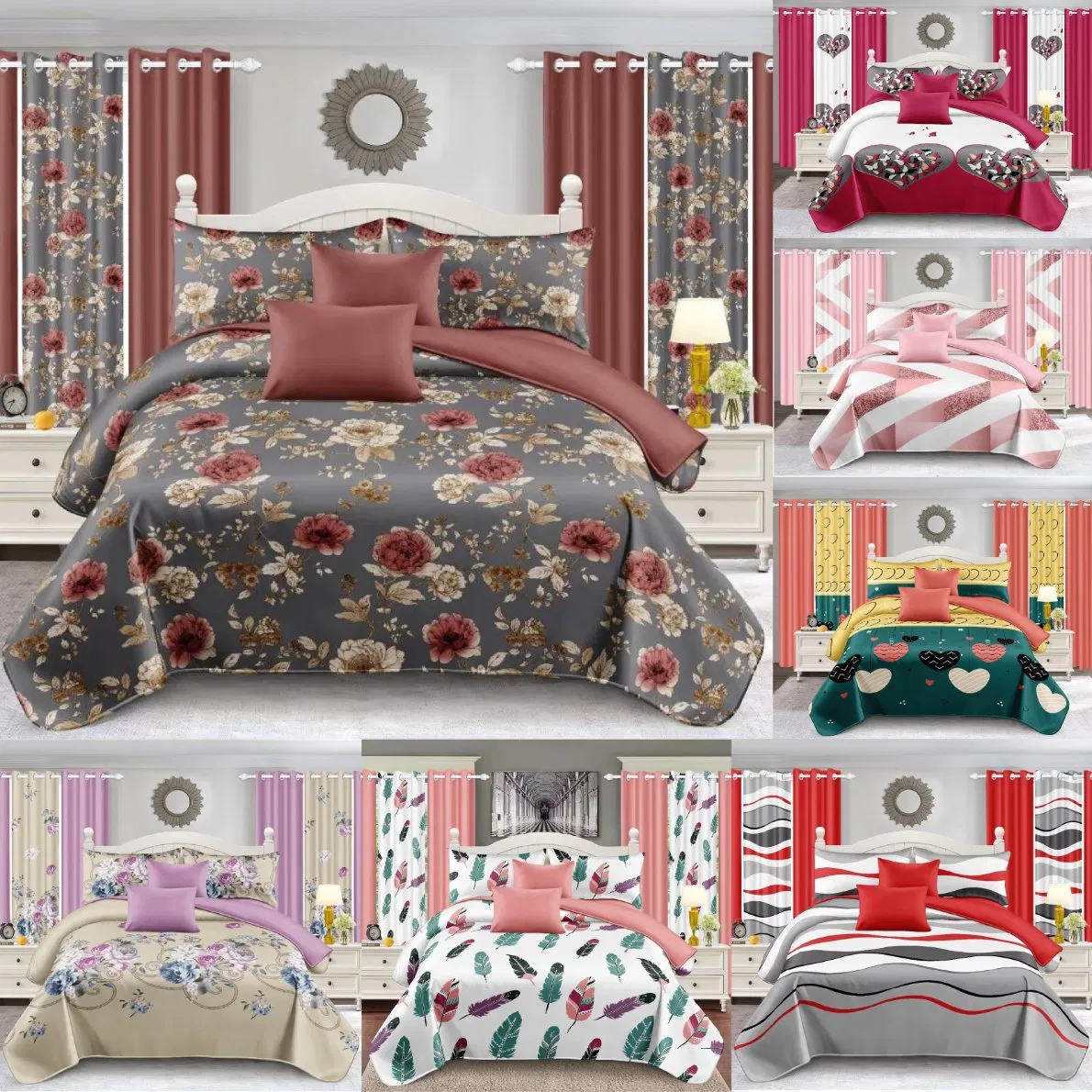 Factory Wholesale Plant Printing Polyester Cotton Bed Sheets Sabanas Pillowcase Colored Hotel 13 Piece Home Textile Quilted Bedspread Curtain Bedding Set