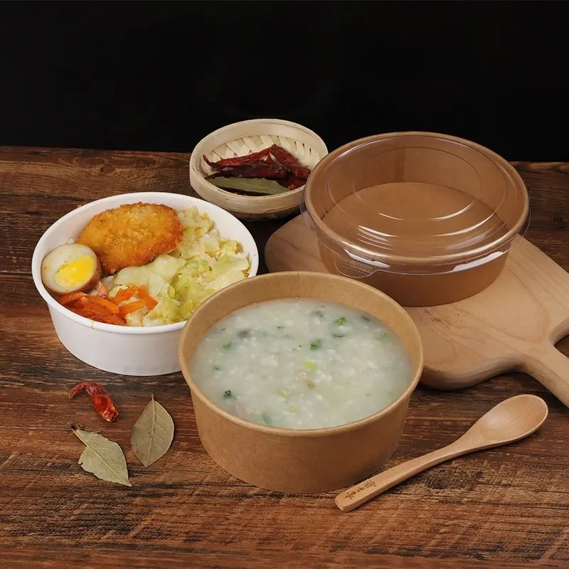 Wholesale Disposable Kraft Bowl for Food Packaging Brown Kraft Paper Bowl with Lid
