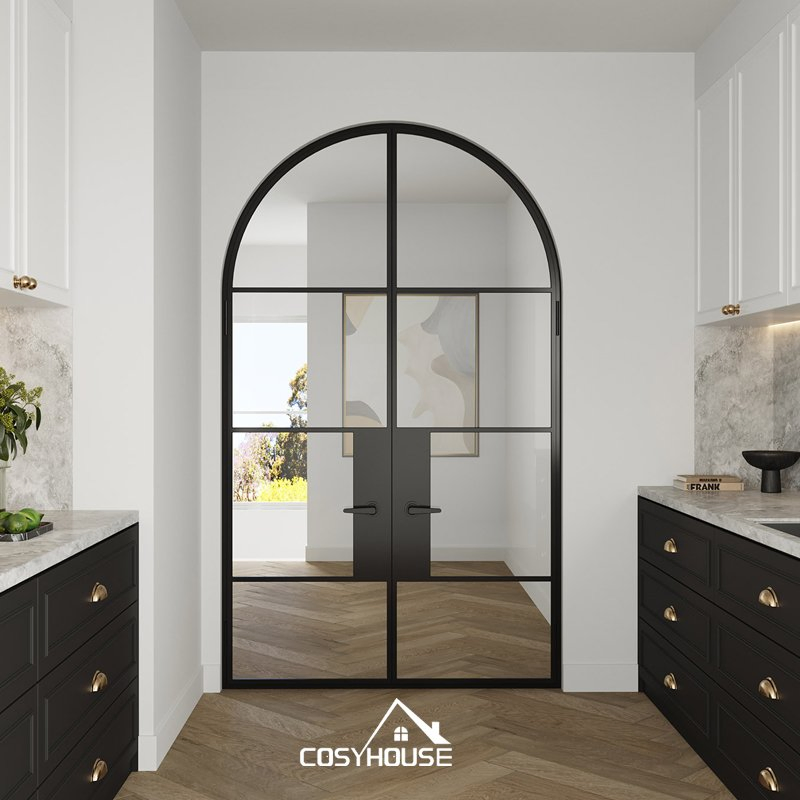 Minimalist Arched Glass French Interior Door Set – Double Swing Design with Black Aluminum Frame