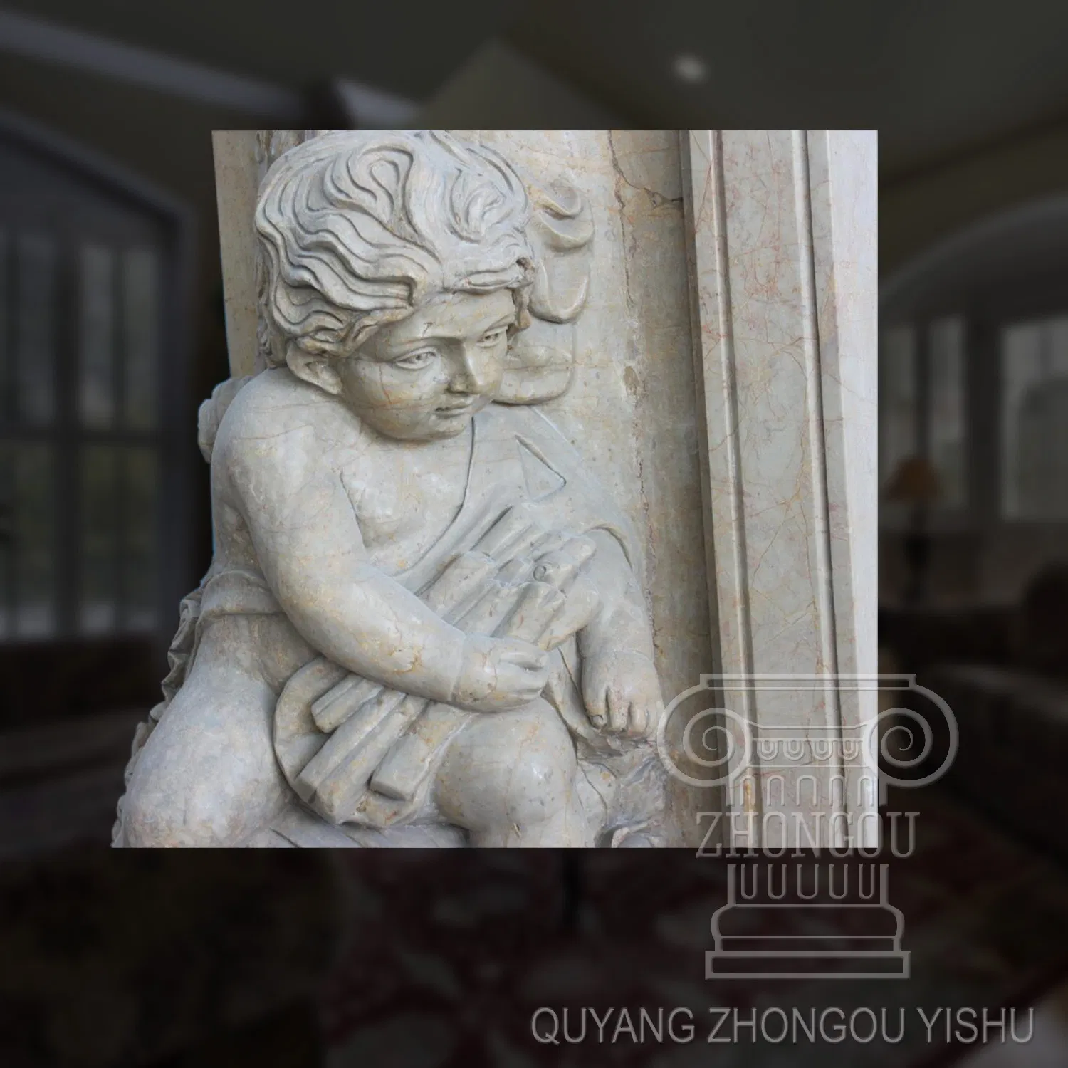 Great Figure Pattern Yellow Marble Fireplace Sculpture