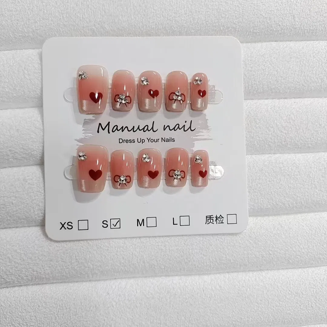 Wearing 10 Pieces of Handmade Sweet Crystal French White Fake Nails