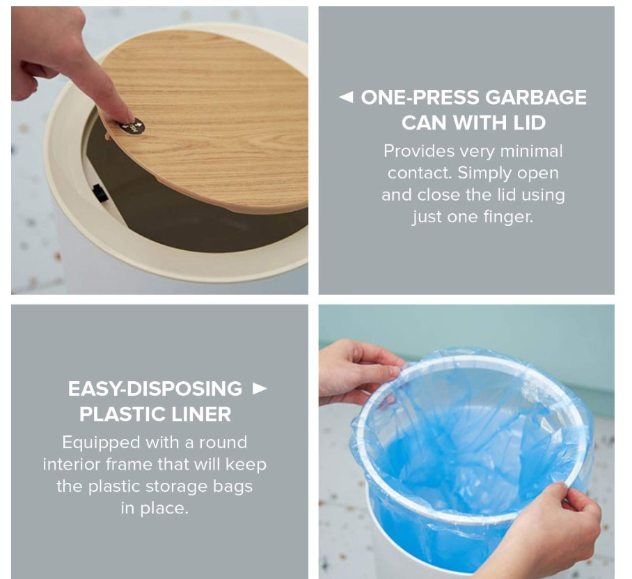 White Waste Basket Garbage Can Push Top Trashcan with Lid and LEDs