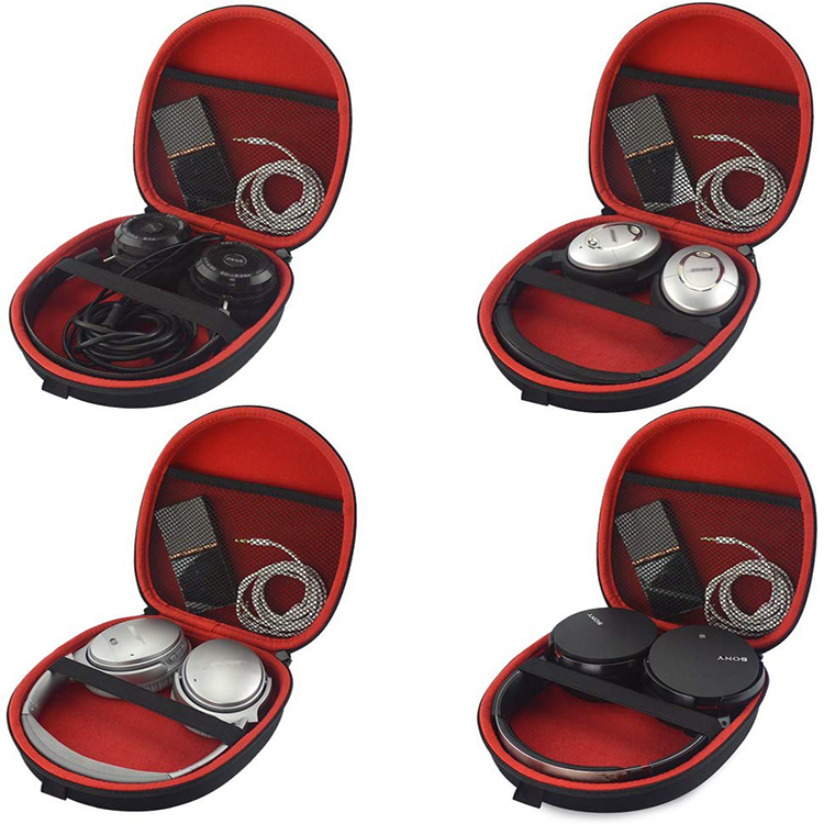 Custom Logo Black Hard Shell Portable Waterproof Shockproof EVA Headphone Case with Mesh Pocket