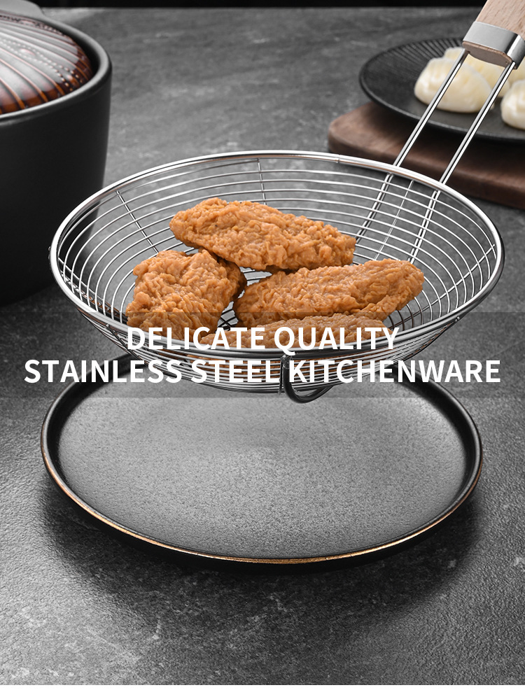 Heavy Duty Stainless Steel Mesh Strainer with Wooden Handle -Ideal for Frying, Noodles, and Dumplings