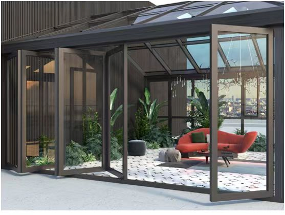 Glass House Backyard Sunroom with Casement Doors