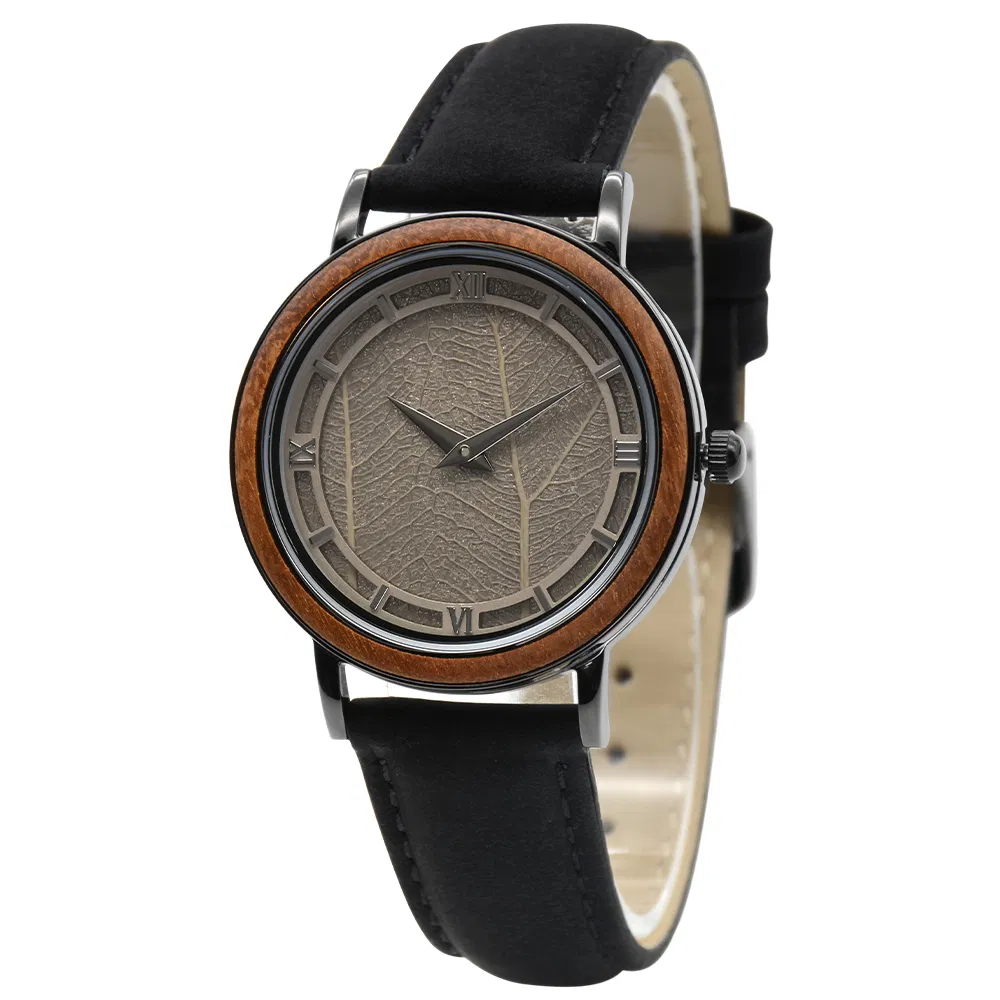 Bewell Latest Fashion Luxury Gift Vegan Leather Real Leaf Dial Lady Wrist Wood Watch