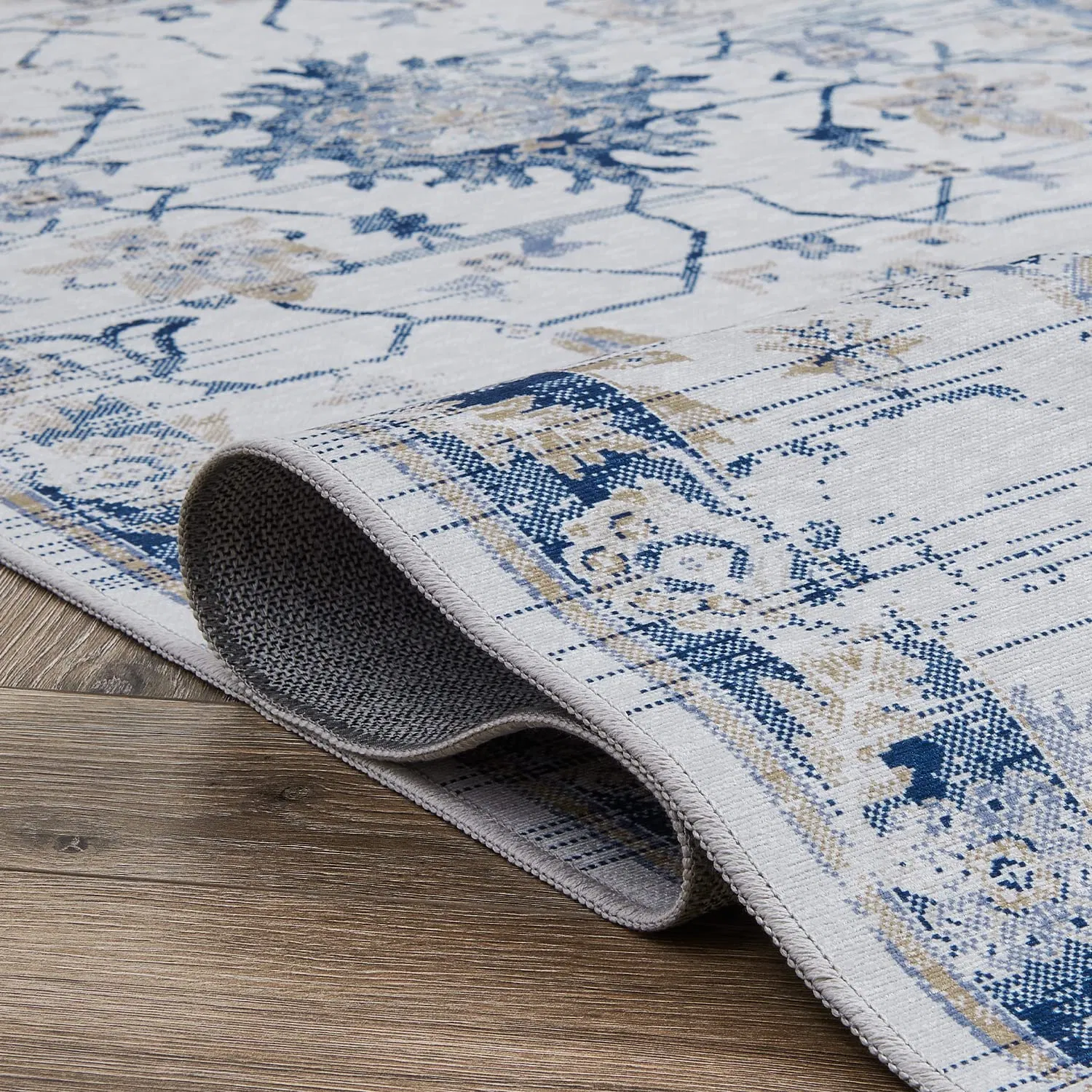 Custom 5X7 Persian Washable Bedroom Rug Kitchen Navy Blue 100% Polyester Silk Non Slip Modern Living Room Carpet