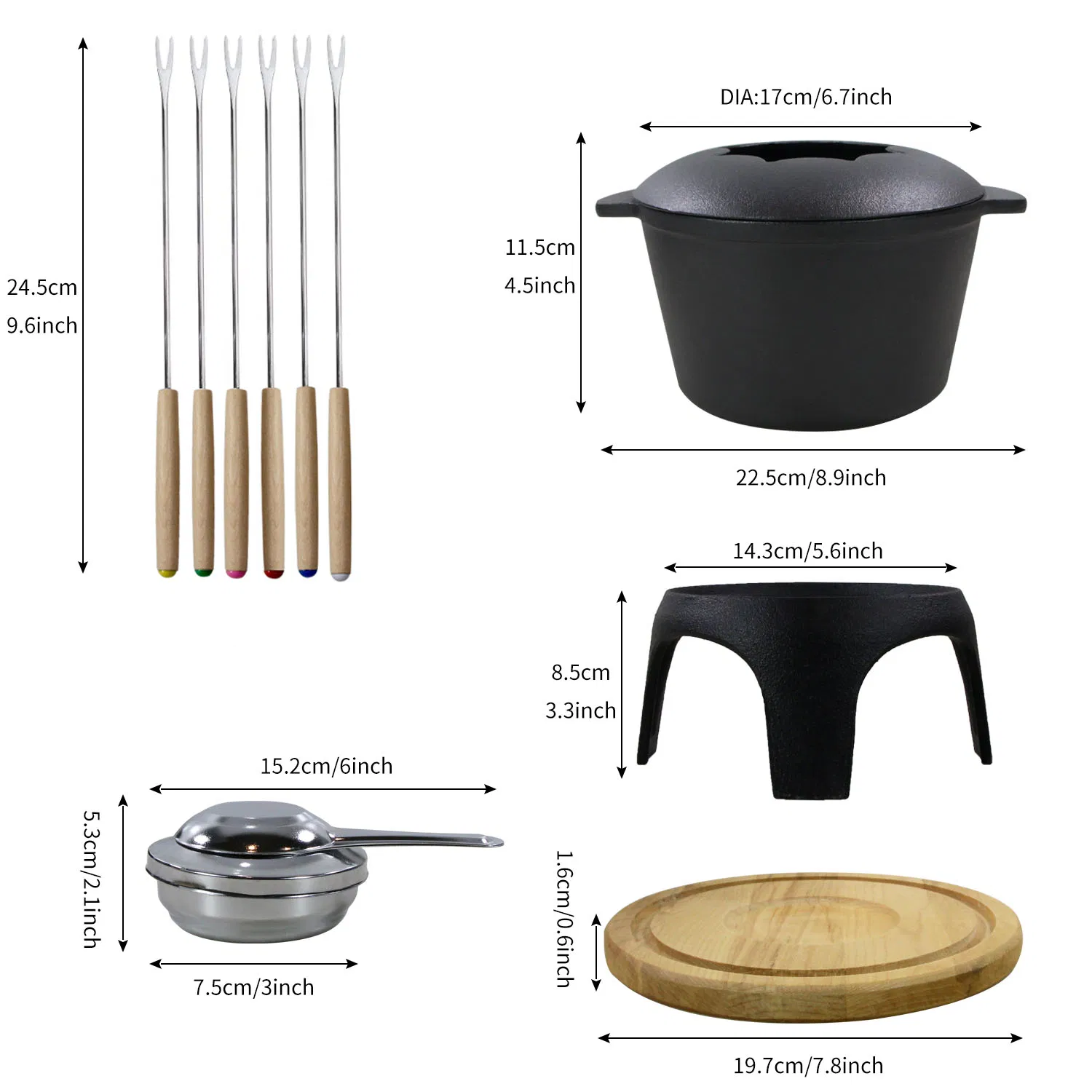 Чугунный фондю-сет для сыра и шоколада, 17 см, матовый черный