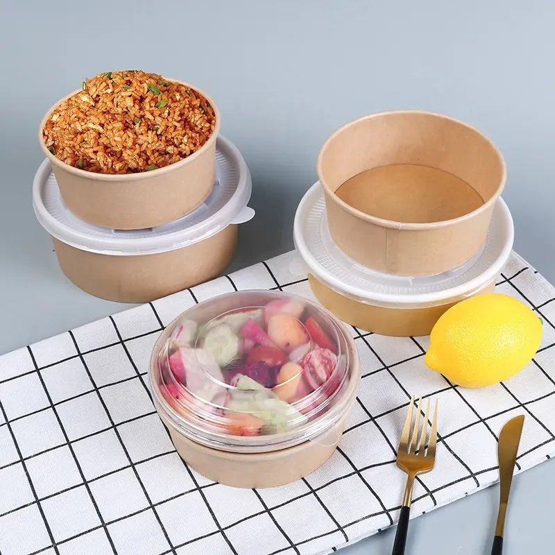 Eco Friendly Disposable Take Away Kraft Paper Salad Bowl with Lid