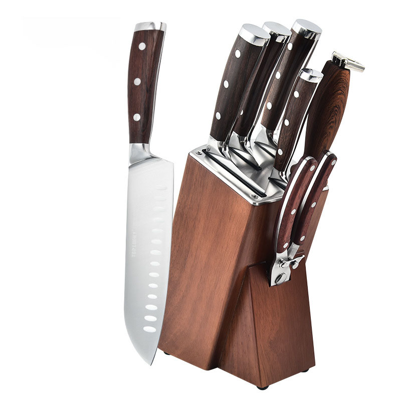Kitchen Knife Set with Wooden Base Stainless Steel Scissors Household Seven-Piece Set