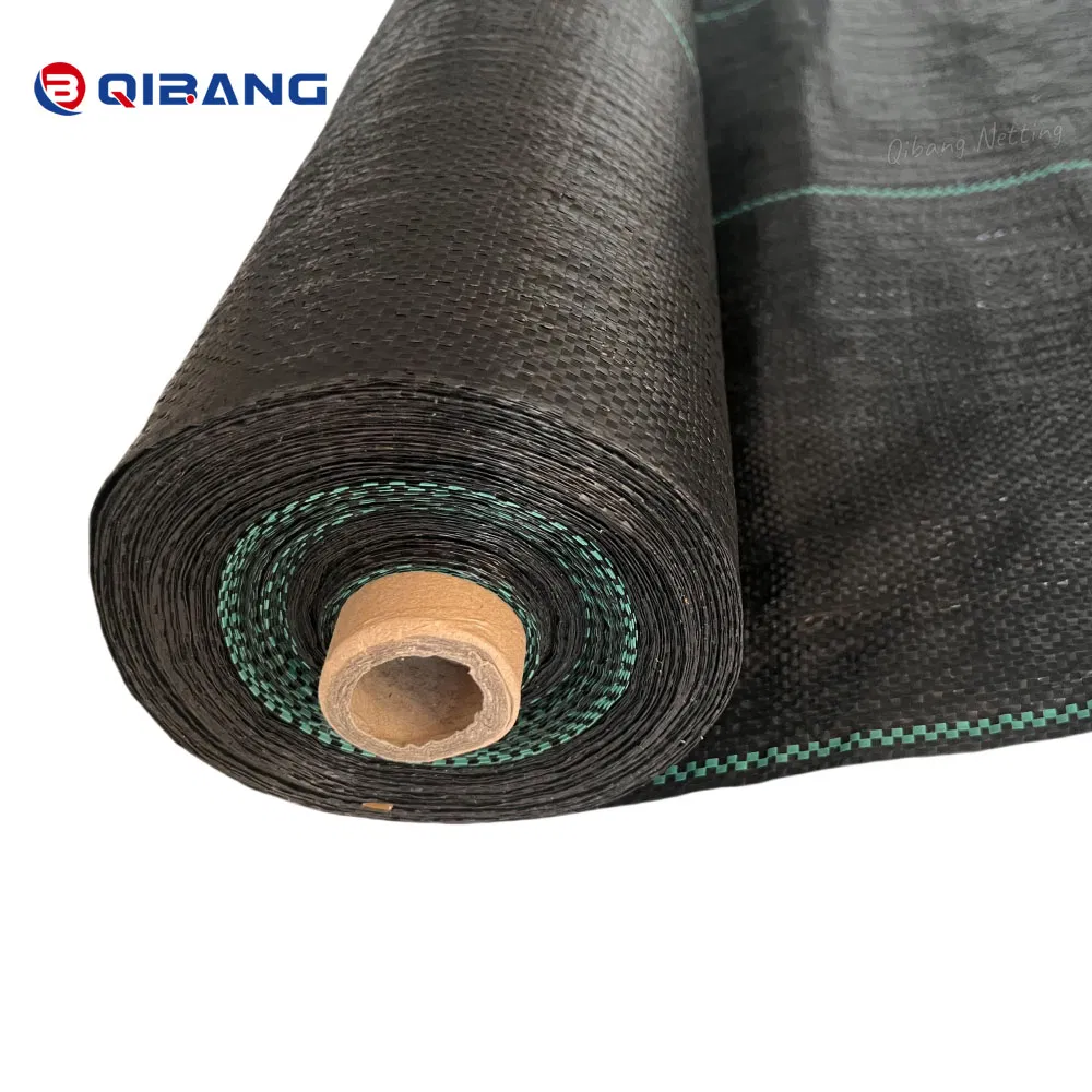 UV Stabilized PE Woven 140GSM Black 1m X 100m Ground Covering Weed Suppressing Fabric with Green Stripes