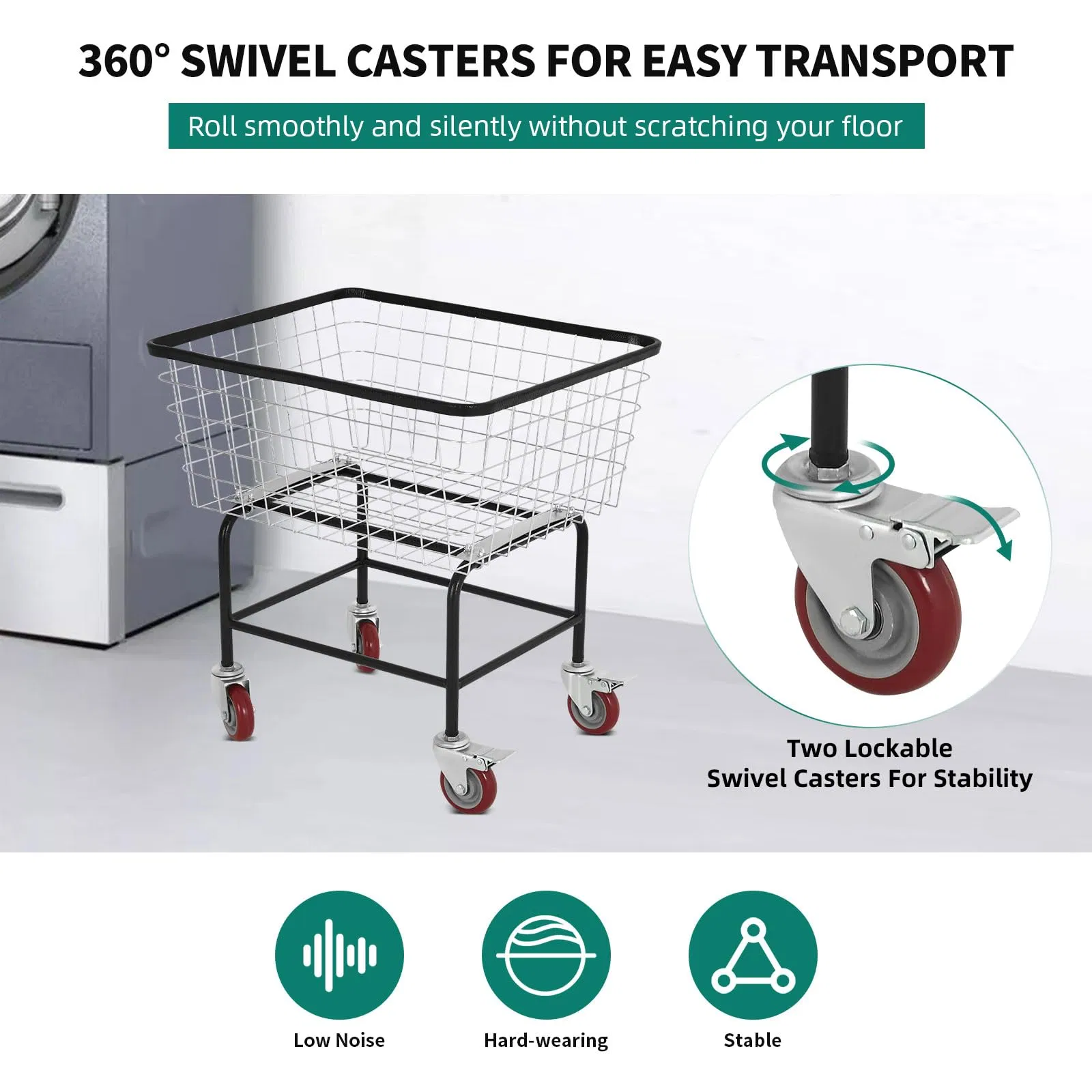 Wire Laundry Cart 2.5 Bushel, Rolling Laundry Basket with Wheels, Metal Commercial Wire Laundry Basket Cart with Galvanized Finish, Large Steel Basket