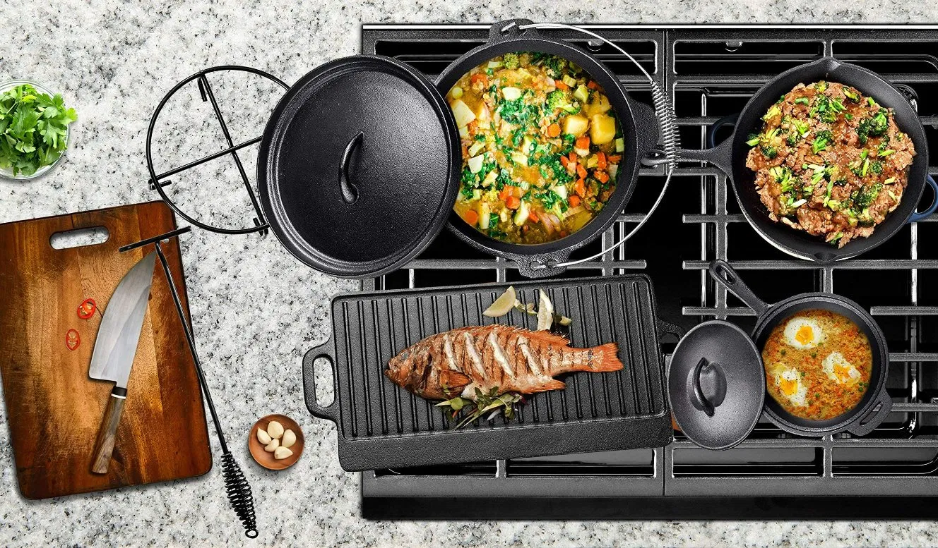 Pre-Seasoned Cast Iron Pots Pans Cookware Lids Outdoor Comefire Camping Dutch Oven