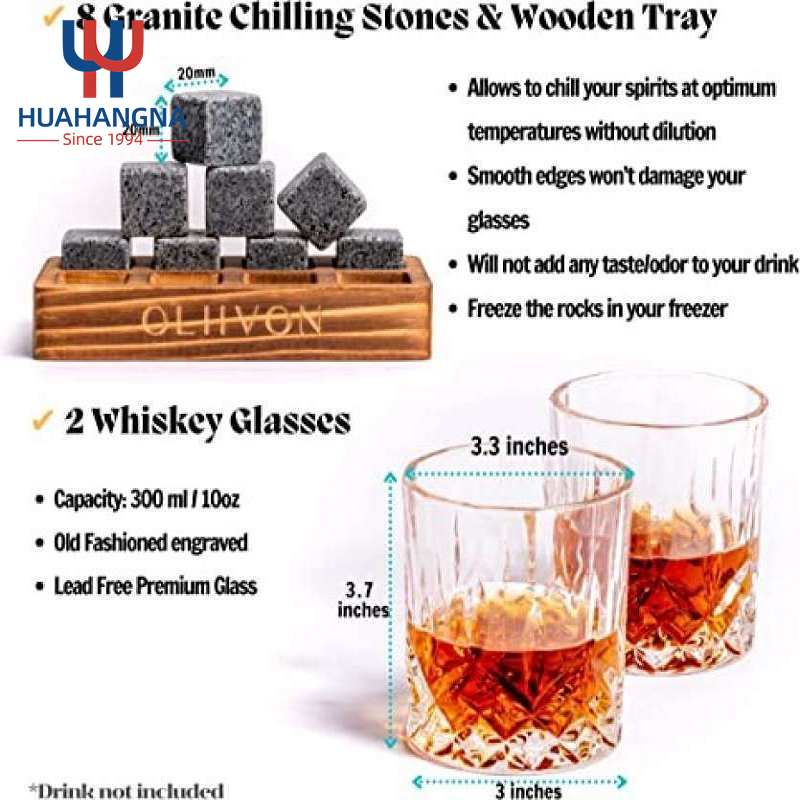 Huahang Doubled Old Fashioned 10oz Whisky Glasses and Whiskey Rocks Chilling Stones Set with Rustic Wooden Crate for Men Gift