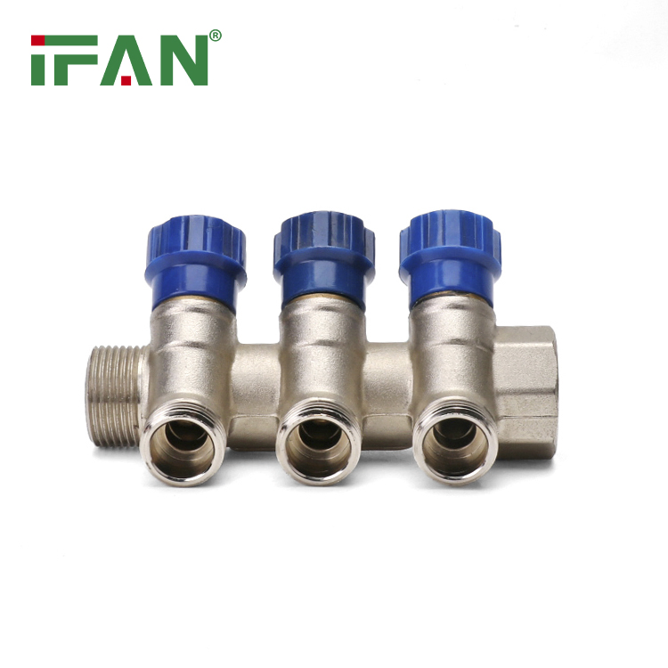 Ifan Corrosion Resistant ISO15875 Under Floor Heating Manifold Regulated 3-Way Brass Manifold Blue Handle Pex Manifold