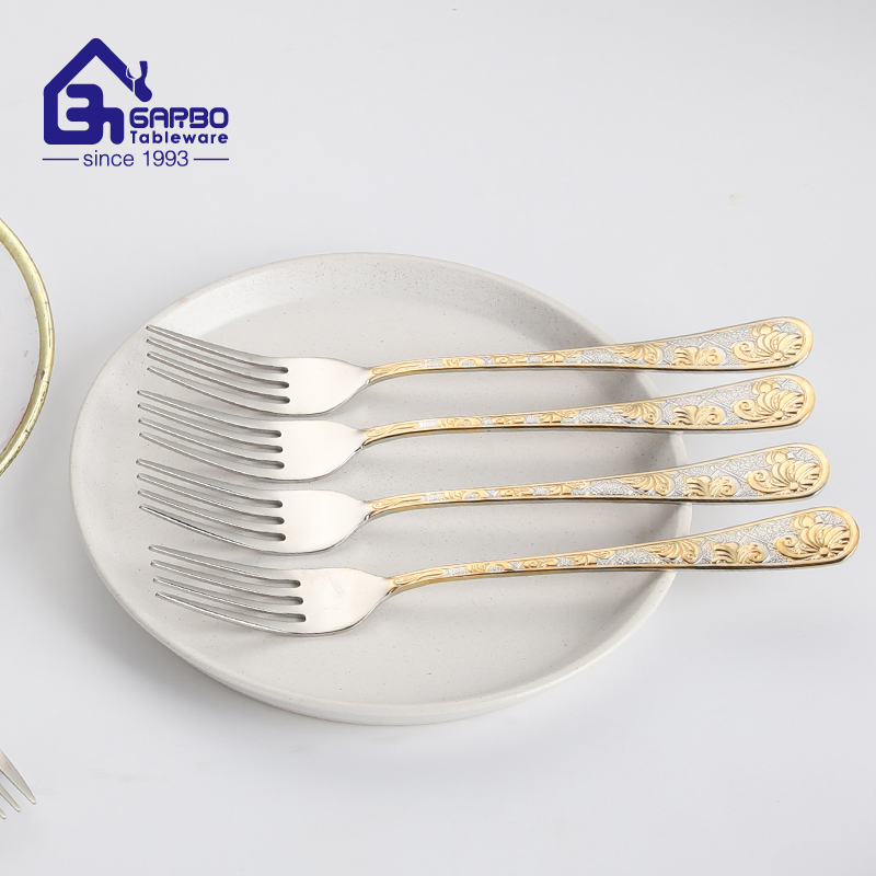 Gold Ion-Plating Stainless Steel Dinner Fork with Design Mirror Polish in Stock