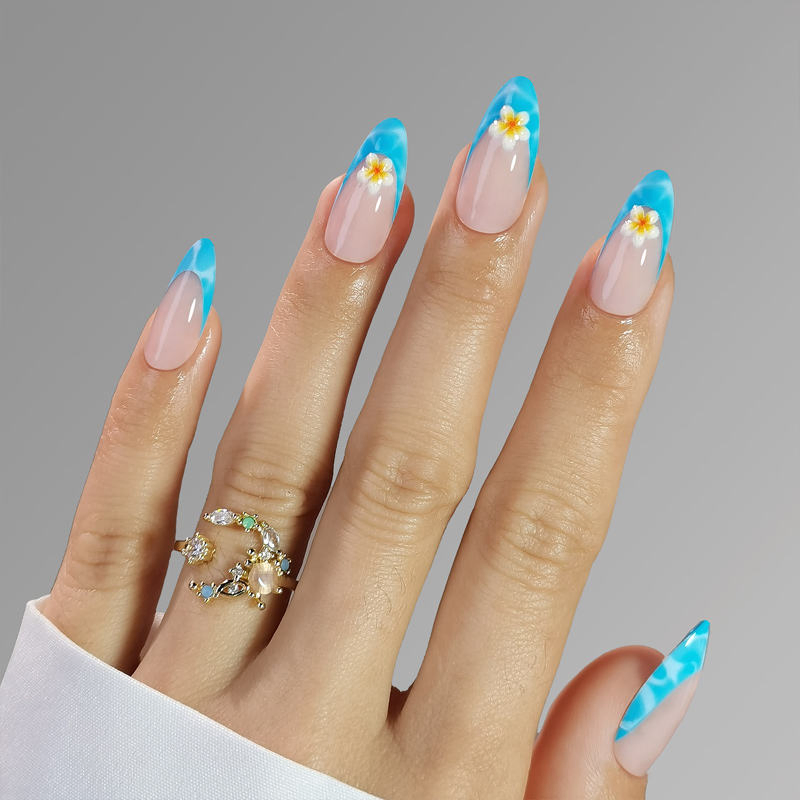 Wholesale Luxury Sea Blue 3D Flower French Summer Press on Nails