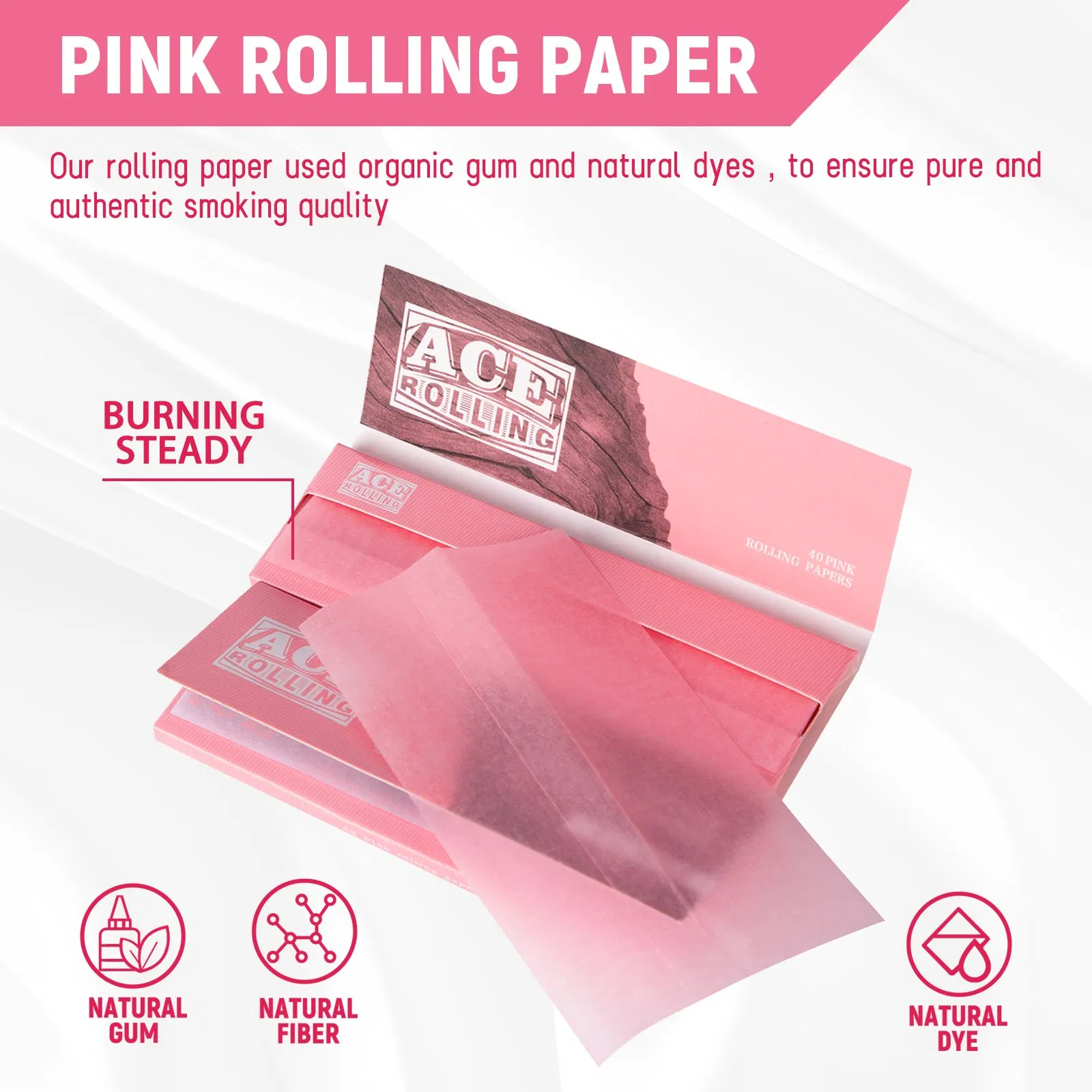 Private Label 1 1/4 Pink Medium Size Wood Smoking Rolling Paper