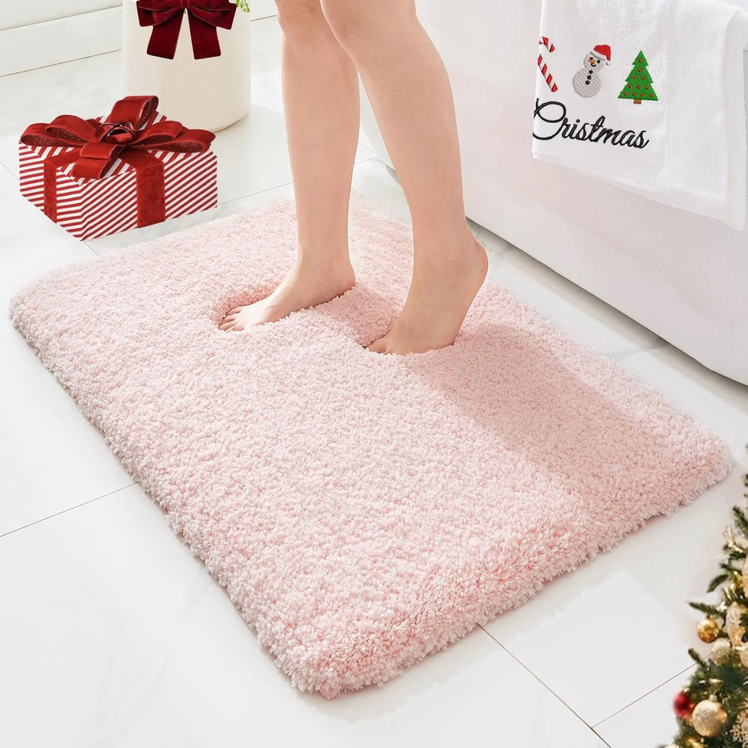 Pink Christmas Bathroom Rugs Non Slip & Super Absorbent Extra Thick Soft, Washable Bath Mat for Floor