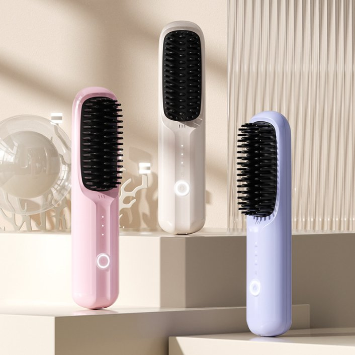 New Rechargeable Wireless Portable Curling & Straightening Comb, Ceramic Fast Heating Hair Brush, Negative Ion Lazy Straightener