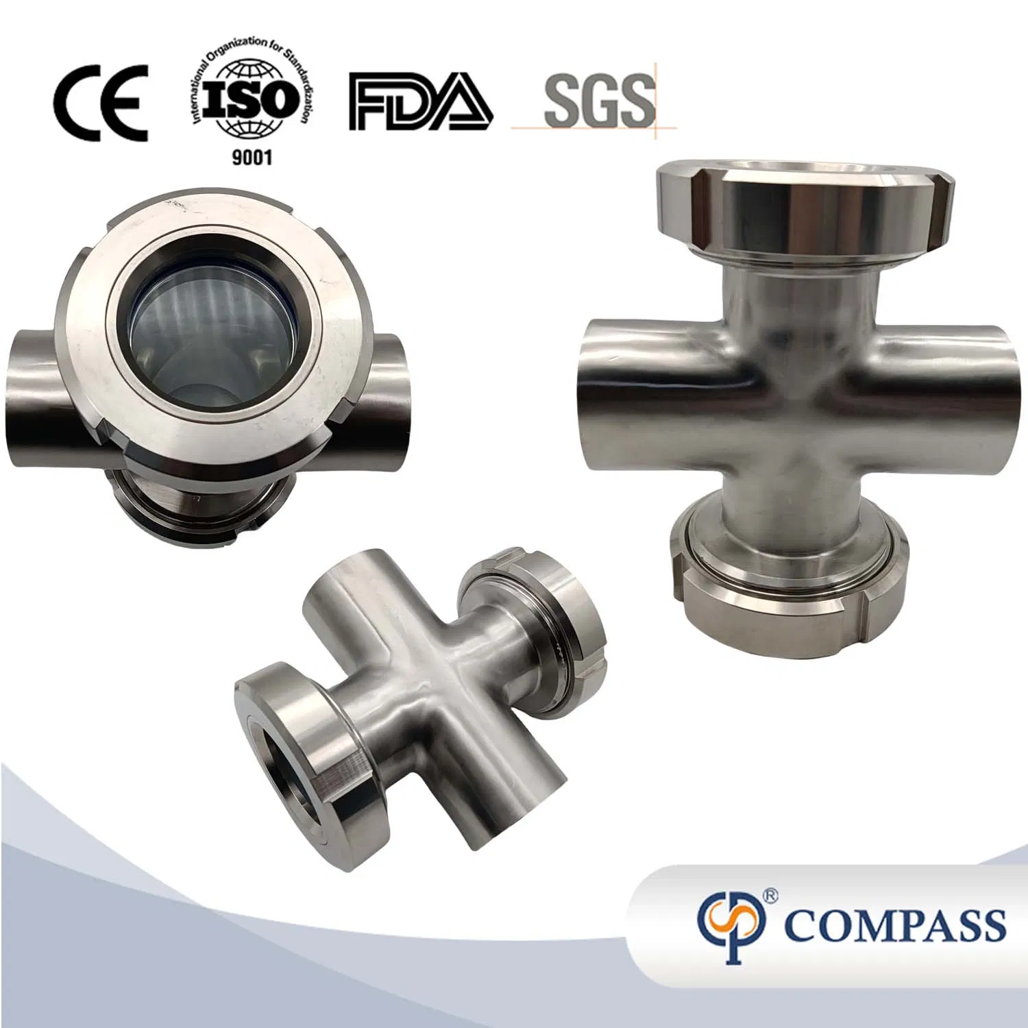 DN80 SS304 SS316L Sanitary Stainless Steel Union Type Four Way Cross Sight Glass with PTFE Gasket