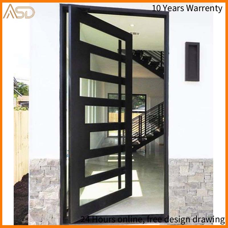 Black Matte Surface Solid Wood Door Glass Design Front Entry Pivot Door