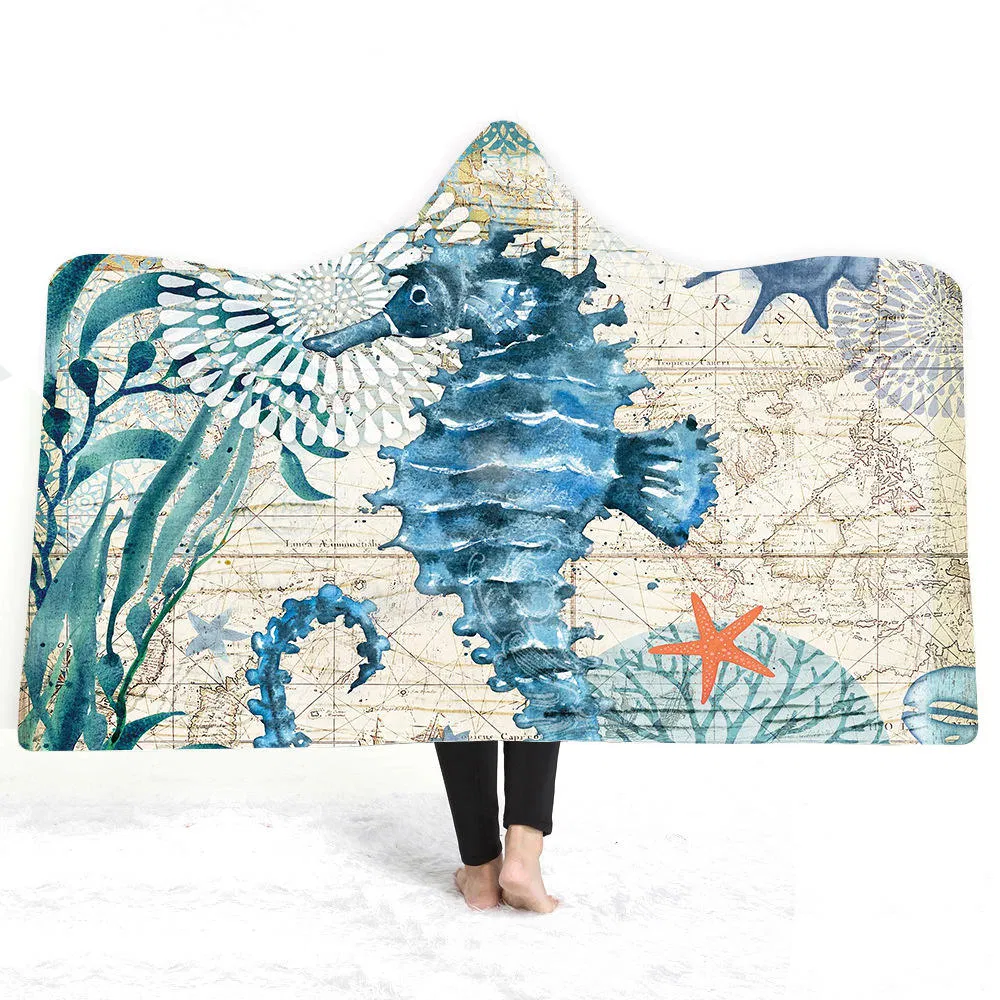 Wholesale Polyester Blue Vintage Aquatic Creatures Pattern Printed Hippie Hanging Tapestries Hoodie Blanket