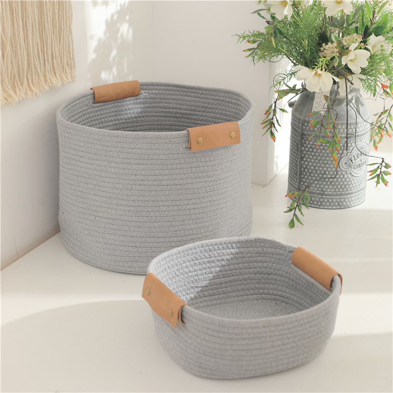 Wholesale Cotton Rope Woven Leather Handle Household Laundry Basket