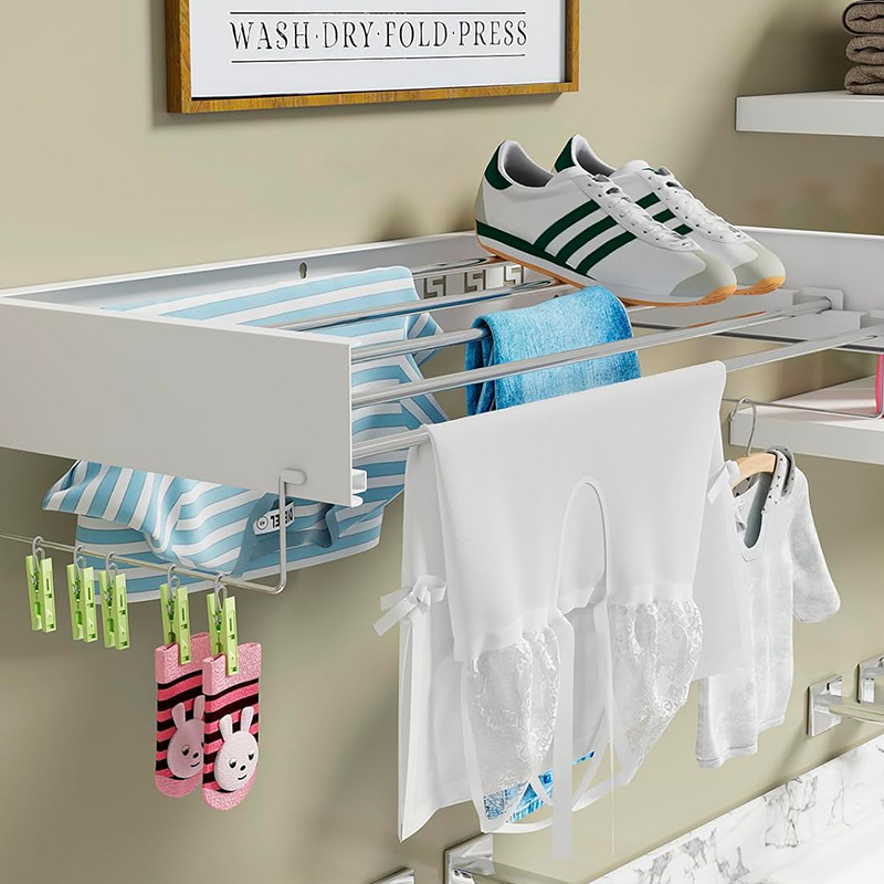 Bathroom Wall Mounted Pull out Hidden Indoor Stainless Steel Metal Folding Collapsible Laundry Clothes Drying Rack in Black