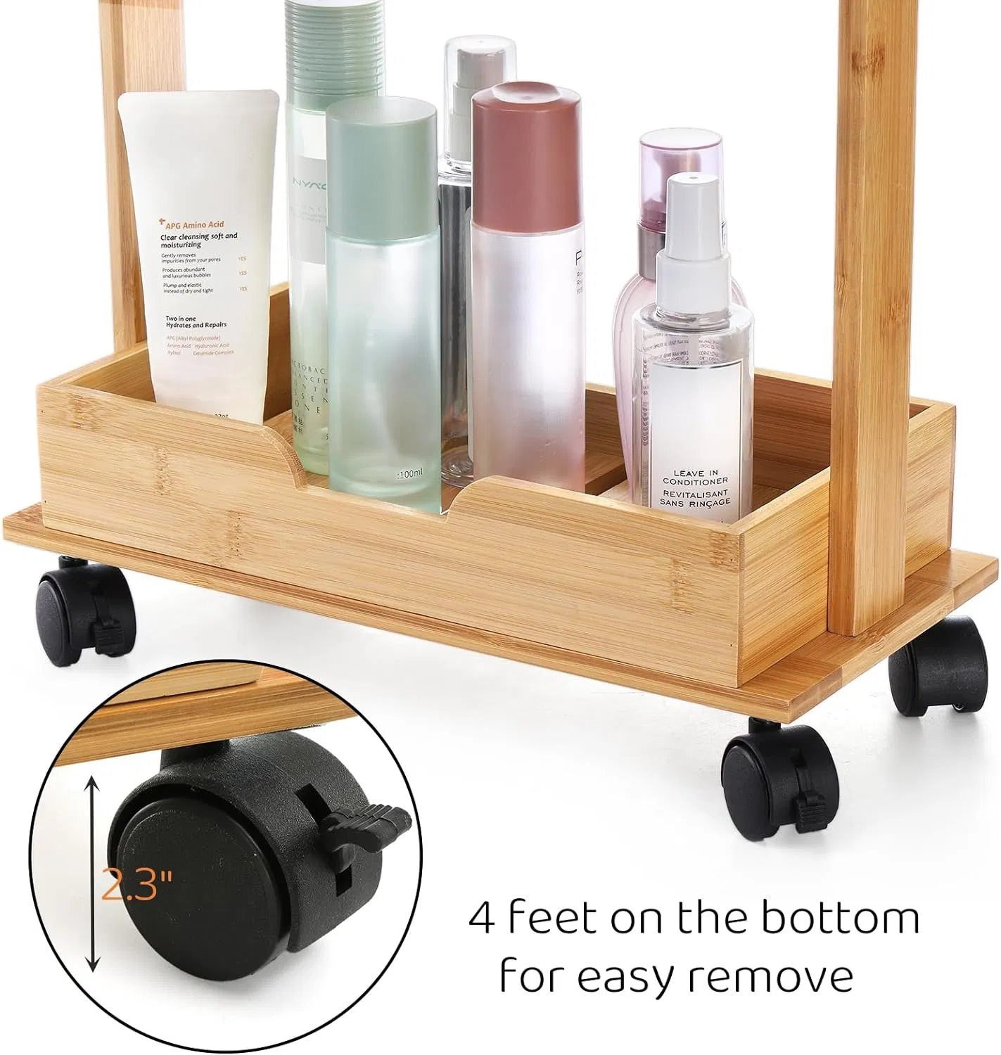 Bamboo Household Bathroom with Wheels, Washing and Care Products, Three-Layer Storage Rack