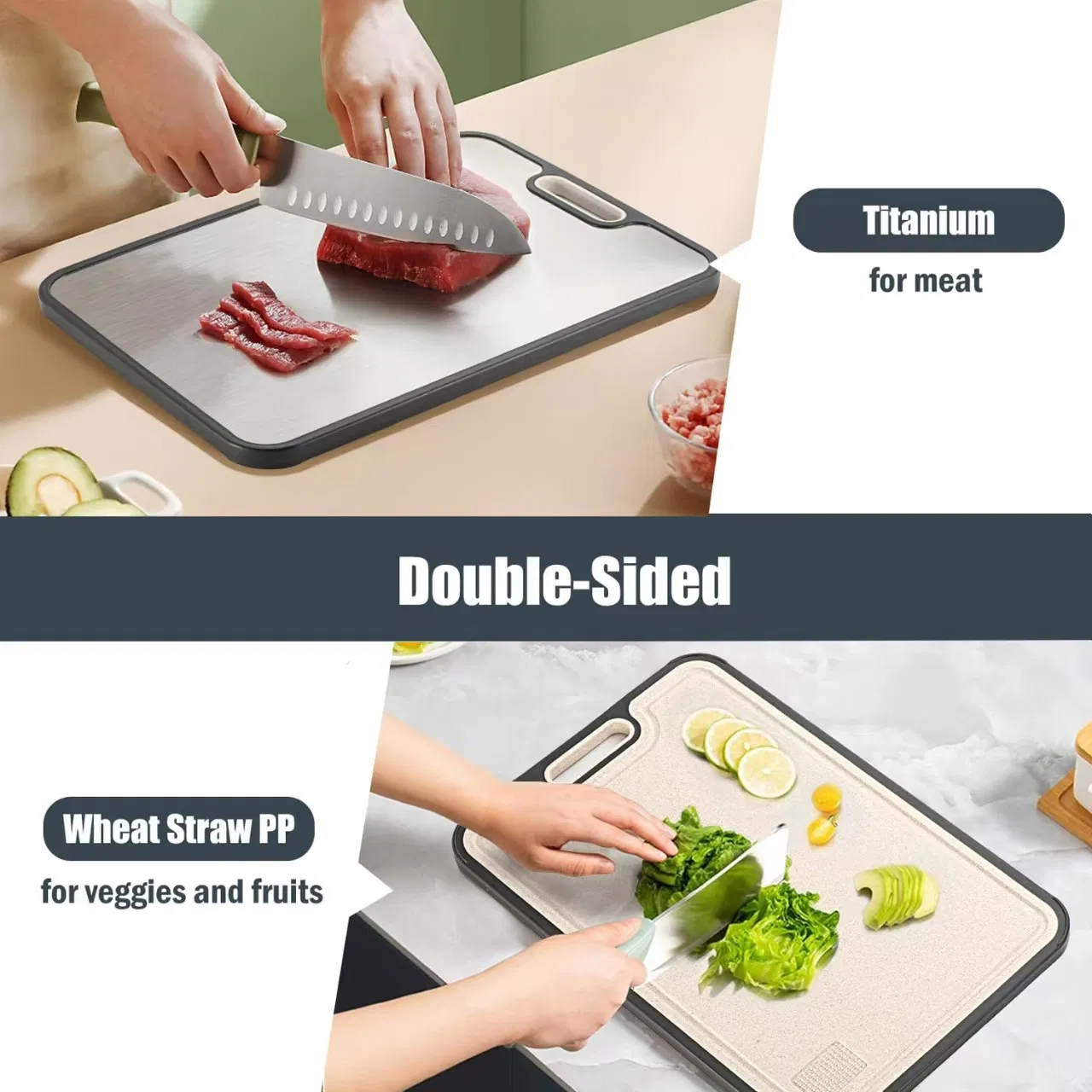 Kitchen Food-Grade Pure Titanium Cutting Board Double Sided 15\"X10\" Easy Clean Large Size for Wheat Straw PP Chopping Blocks
