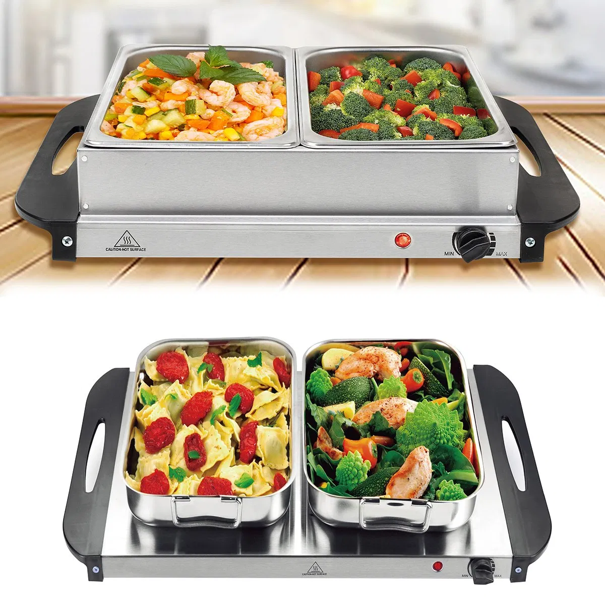 Hongkong Bava Dividers Stainless Steel Hanging Buffet Serving Food Warmer Glass Lid Roll Top Chafer Rotating Chafing Dish