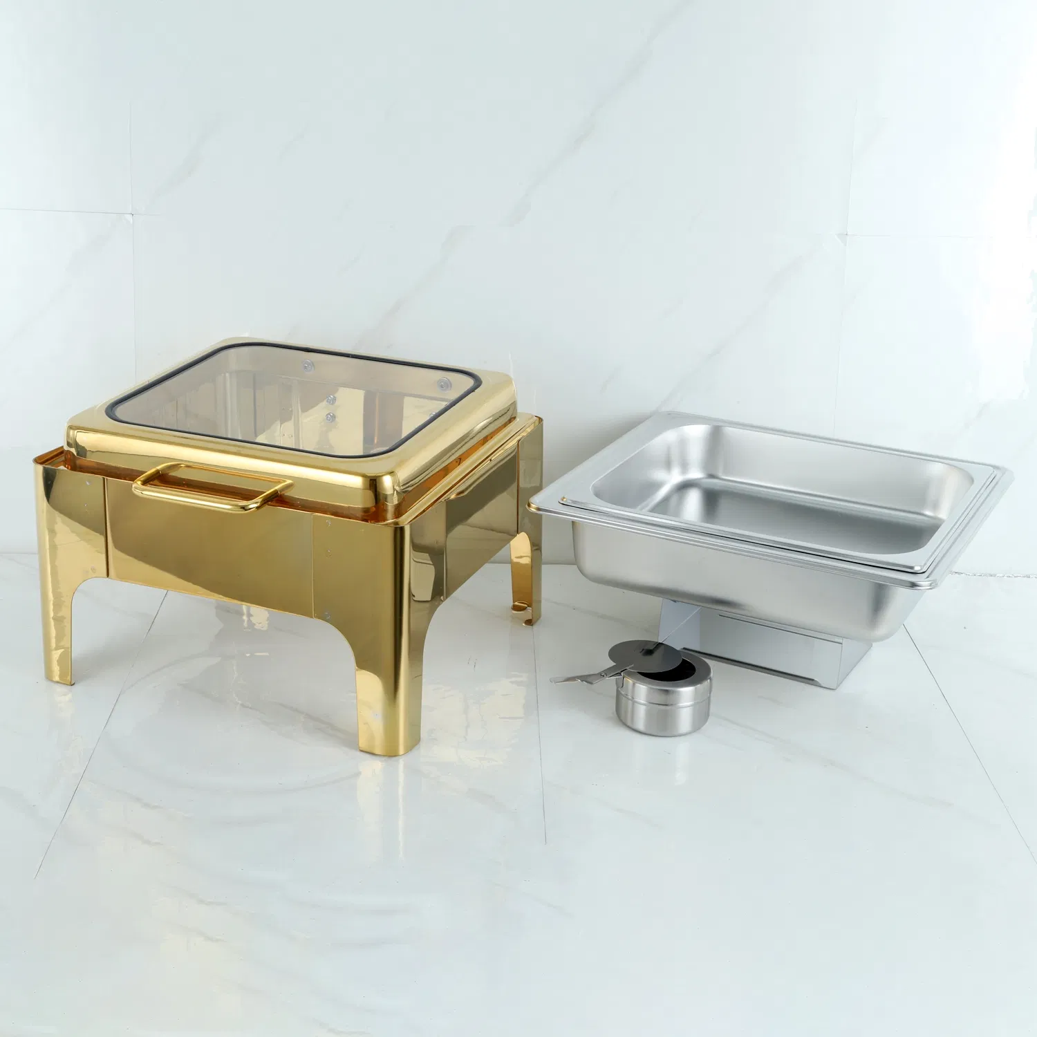 Gold Luxury Commercial Fuel Food Warmer Stainless Steel Chafing Dish with Modern Hotel Restaurant Buffets Square Glass Lid