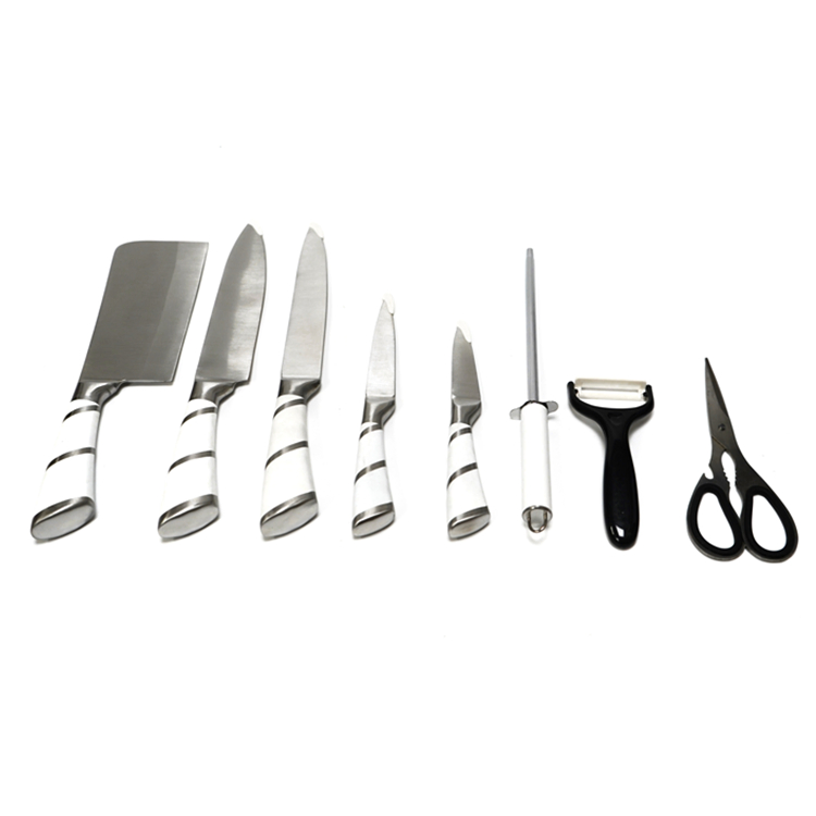 Набор кухонных ножей с белой ручкой и подставкой