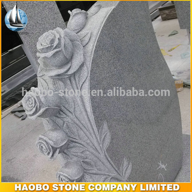 Grey Granite Rose Carved Monument Engraved Headstone