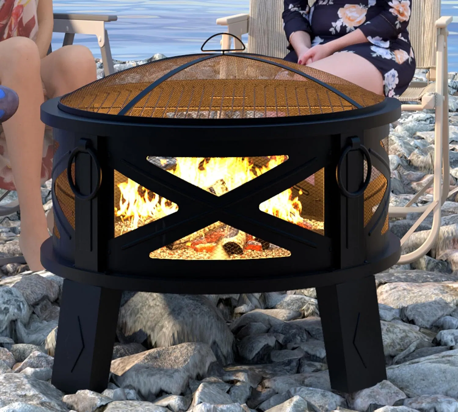 Outdoor Steel Fire Pit with Grill Grate&Spark Screen
