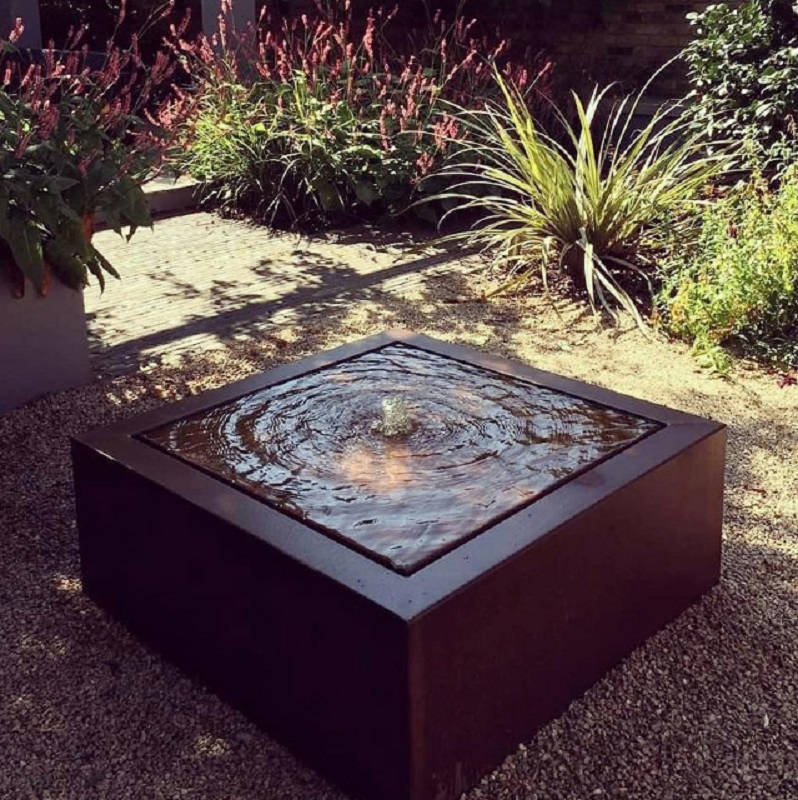 Outdoor Water Fountain Corten Steel Square Water Table with LED Lights