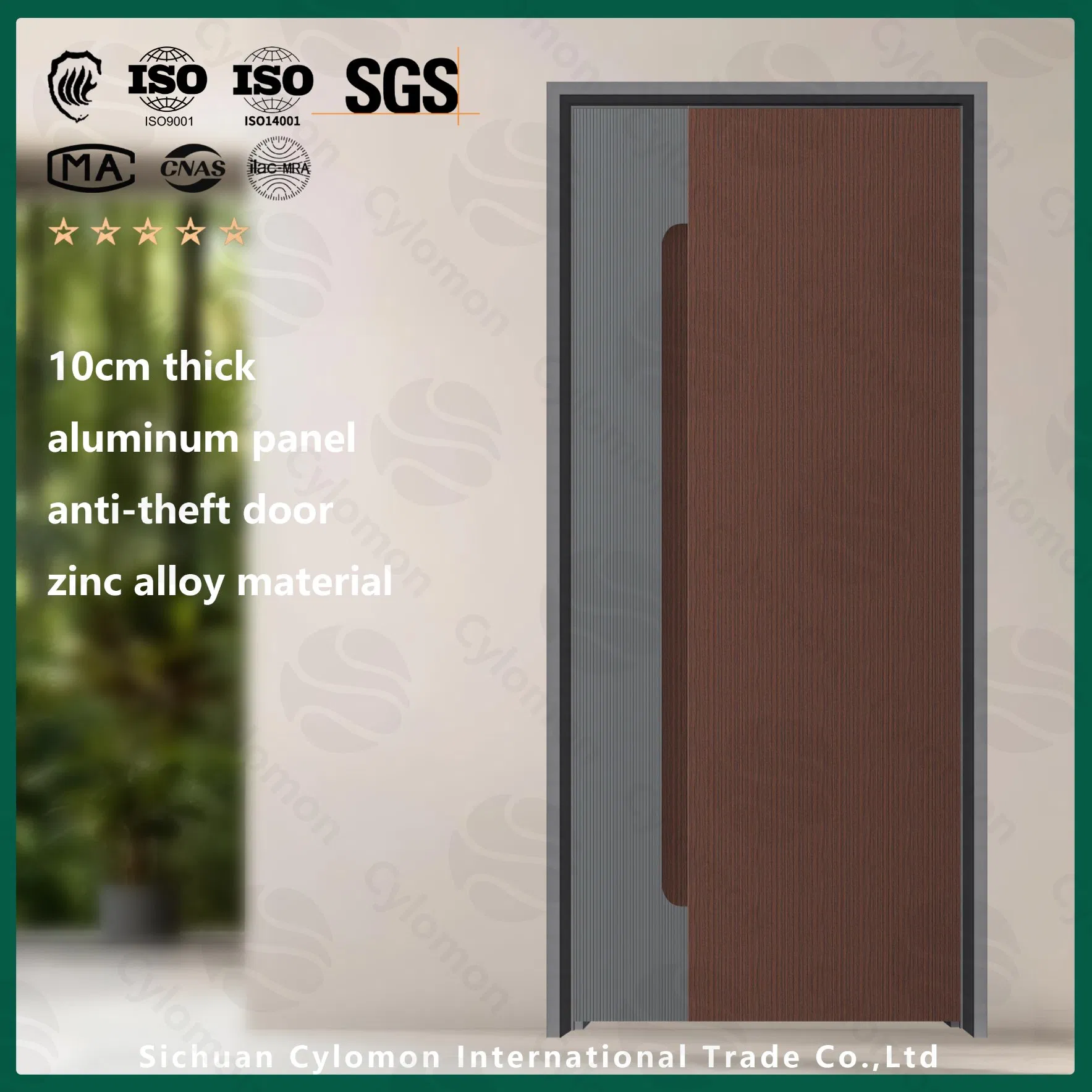 Reinforced Security Steel Door 100mm - Wood Grain Finish Wide Aluminum Grooved Panel 19-Point Locking System