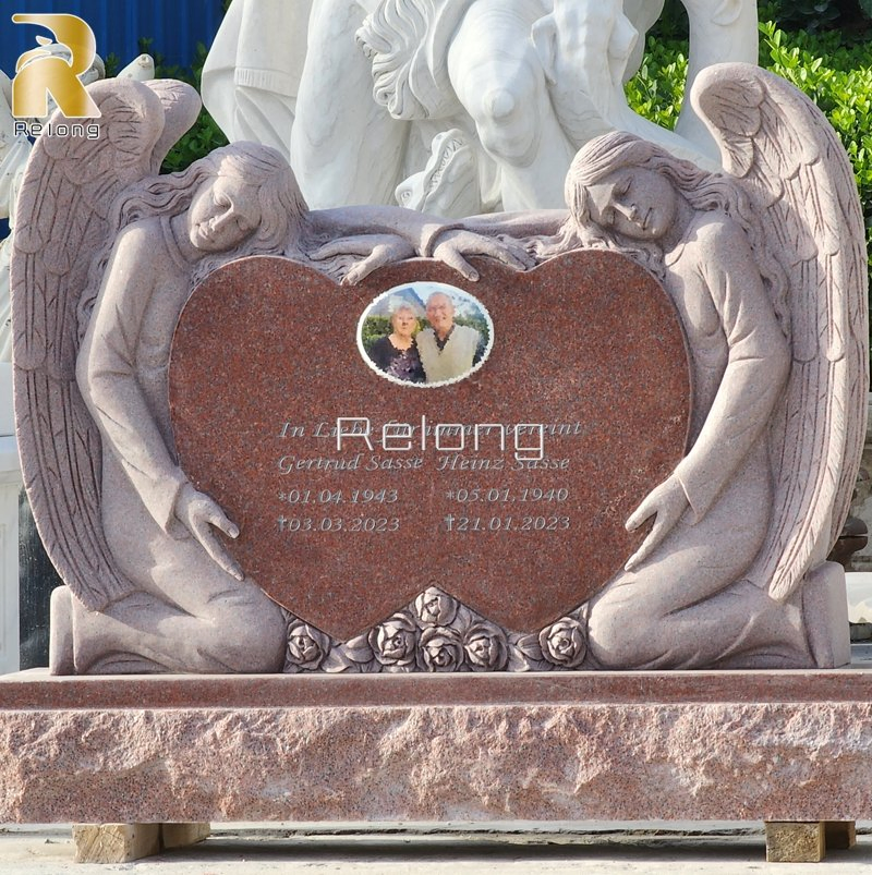 Custom Black Marble Memorial Headstone Tombstone with White Marble Weeping Angel Statue