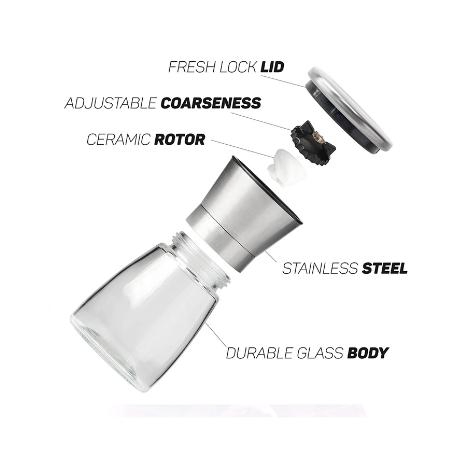 Wholesale Hot Sell Adjustable Manual Pepper Mill Glass Bottle Ceramic Core Stainless Steel Chili Salt and Pepper Grinder
