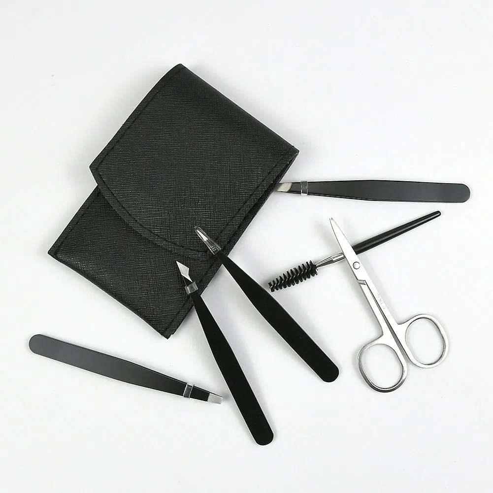 6PCS Eyebrow Eyelash Nail Skin Care Tweezers Set Beauty Cosmetic Makeup Eye Beard Brush Tool with Pouch