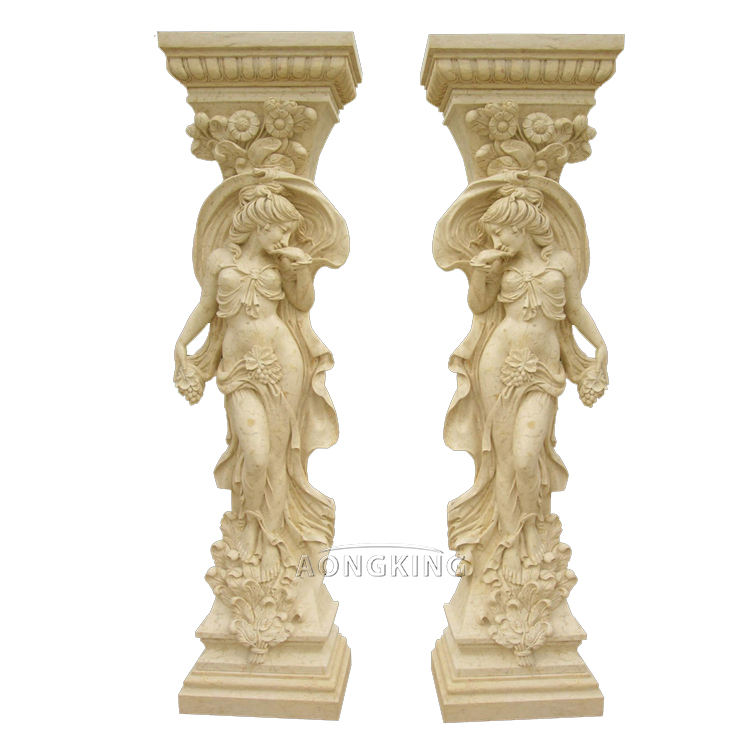 Natural White Marble Columns with Women Statue and Square Base