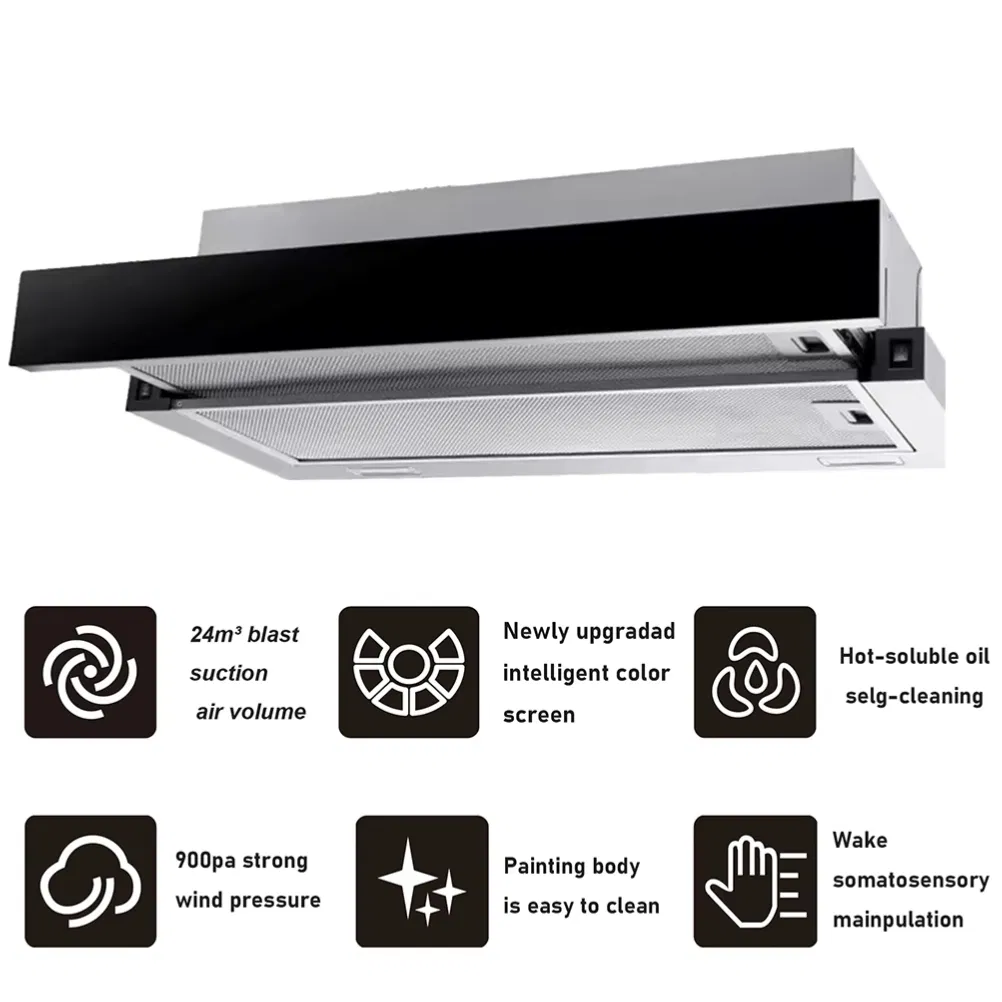 Kitchen 60cm Exhaust Hood Stainless Steel Front Panel Carbon Cyclic Pull-out Slide Wall Mounted Range Hood