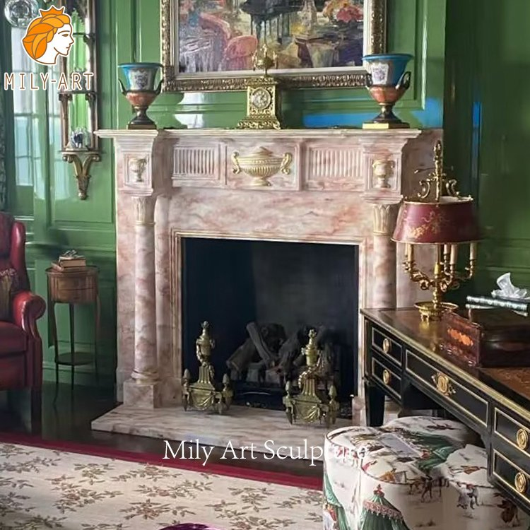 Vintage Villa Interior Hand Carved Beige Marble Column Fireplace Mantels