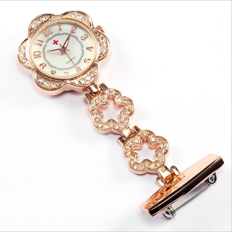 Luxury Women's Crystal Heart-Shaped Nurse Pocket Watch with Quartz Movement Gold Band Medical Nurse Watch